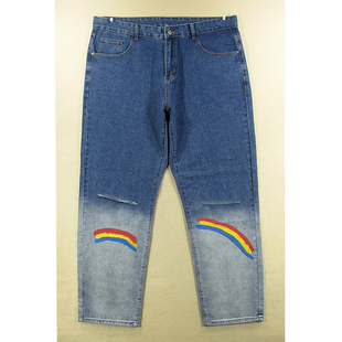 牛仔裤 男美式 彩虹破洞滑板裤 哈伦裤 Q208 宽松束口老爹裤 5982