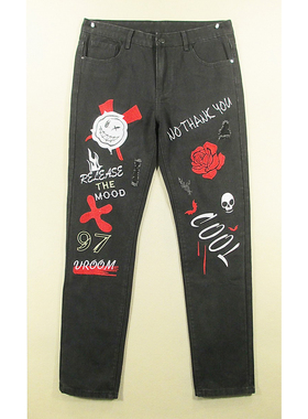 P牛仔裤男修身小脚裤加长黑色破洞绣花骨骼外单B103/2506-03