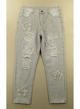 牛仔裤男32码锥形小脚破洞补丁五角星长裤子全新品*S109/38506-12