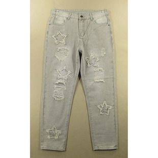 男32码 38506 锥形小脚破洞补丁五角星长裤 S109 子全新品 牛仔裤