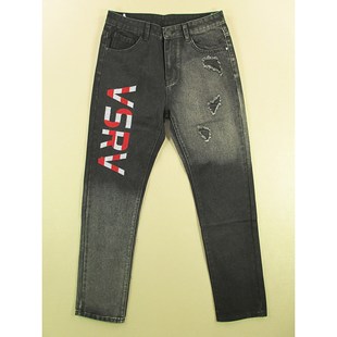 修身 锥形小脚裤 破洞绣花浅黑长裤 子单品T301 牛仔裤 0503 男32码