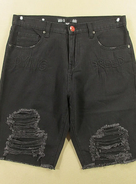 牛仔中裤五分裤男32码黑色破洞压花短裤夏款全新品V211/8536-02