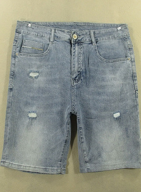 牛仔中裤五分裤男32码薄款弹力破洞短裤夏款全新品R109/38534-05