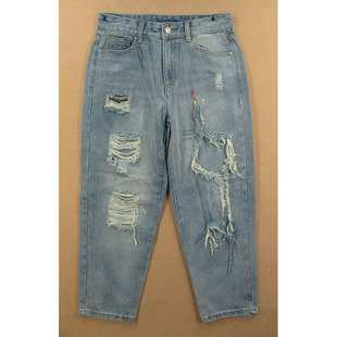 超级破洞厚实裤 子高腰 7054 九分裤 P201 女28码 包邮 牛仔裤 特价