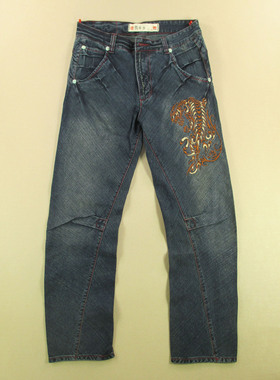 牛仔裤男港风复古做旧新款刺绣纯棉厚款宽松直筒B107/98583*07