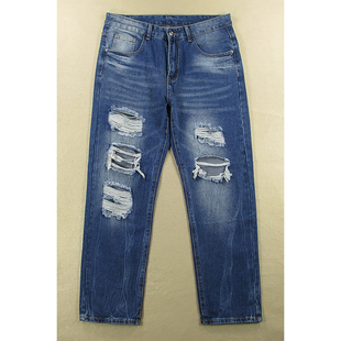 8283 牛仔裤 M402 包邮 男欧美朋克破洞中高腰宽松无弹直筒长裤