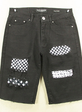 牛仔中裤五分裤男30码黑色弹力修身破洞补丁KHCO包邮P103/2212-12