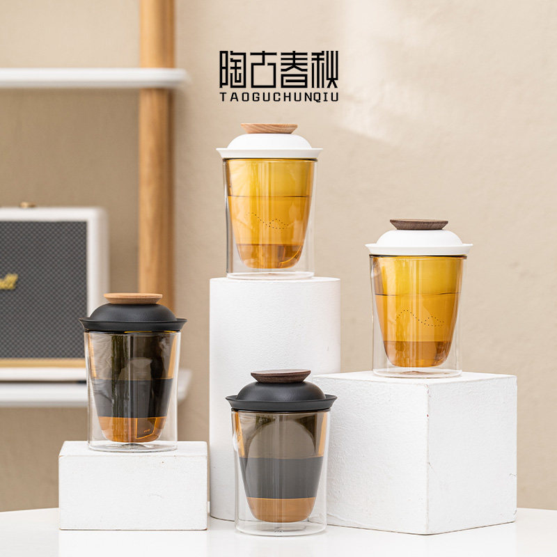 双层隔热泡茶杯 高硼硅玻璃茶水分离杯 防烫简约个人茶杯