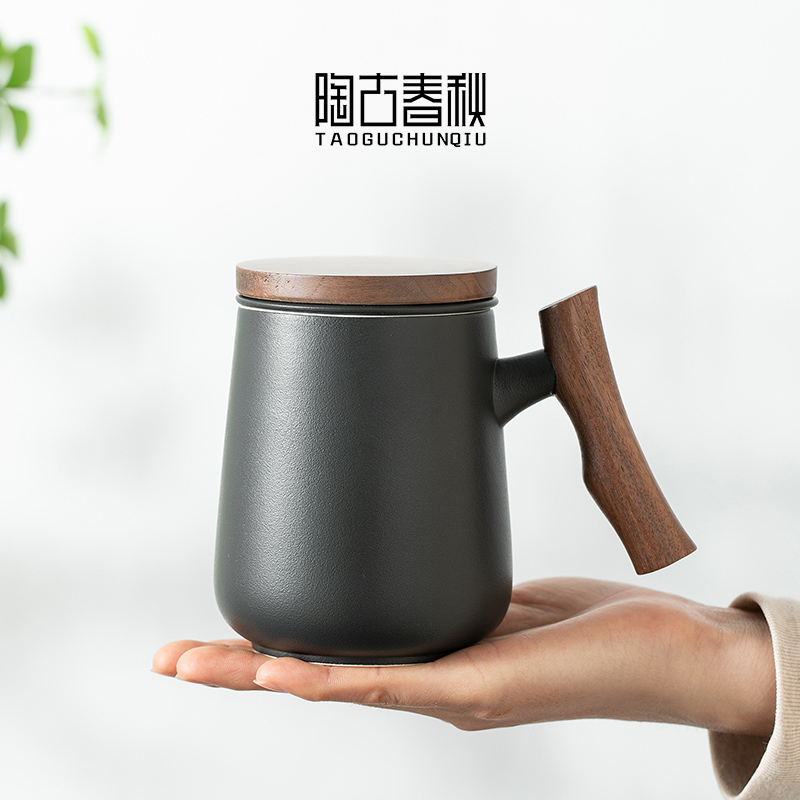 大容量木柄陶瓷泡茶杯
