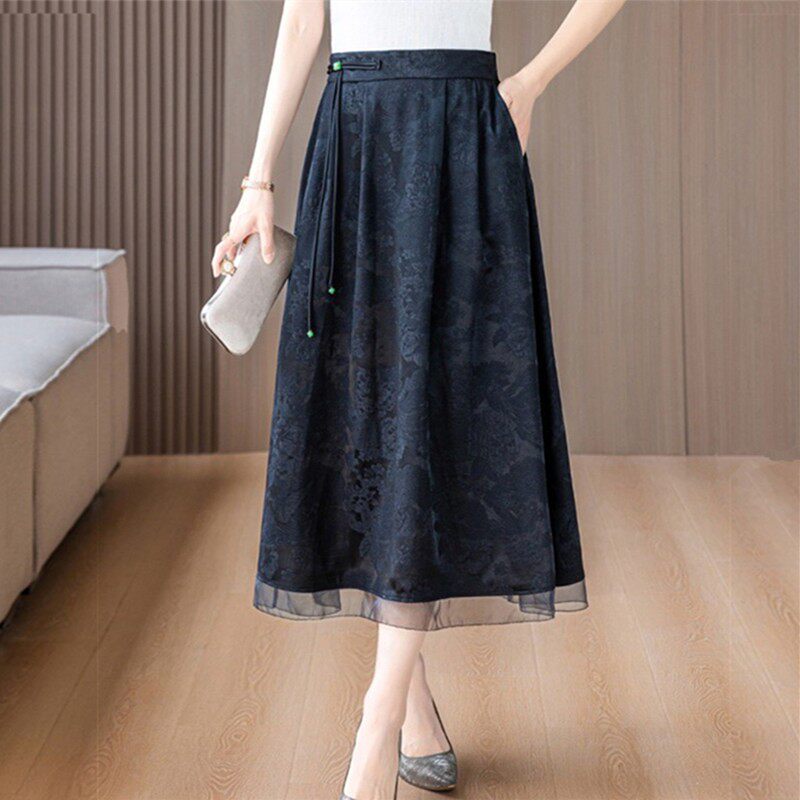 国风提花香云纱半身裙女士夏季妈妈真丝桑蚕丝伞裙流苏大摆半裙子