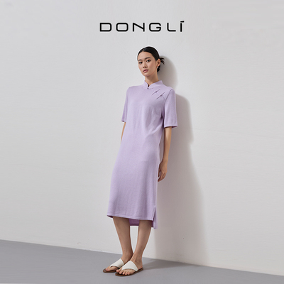 东黎新中式斜门襟丝绒短袖连衣裙