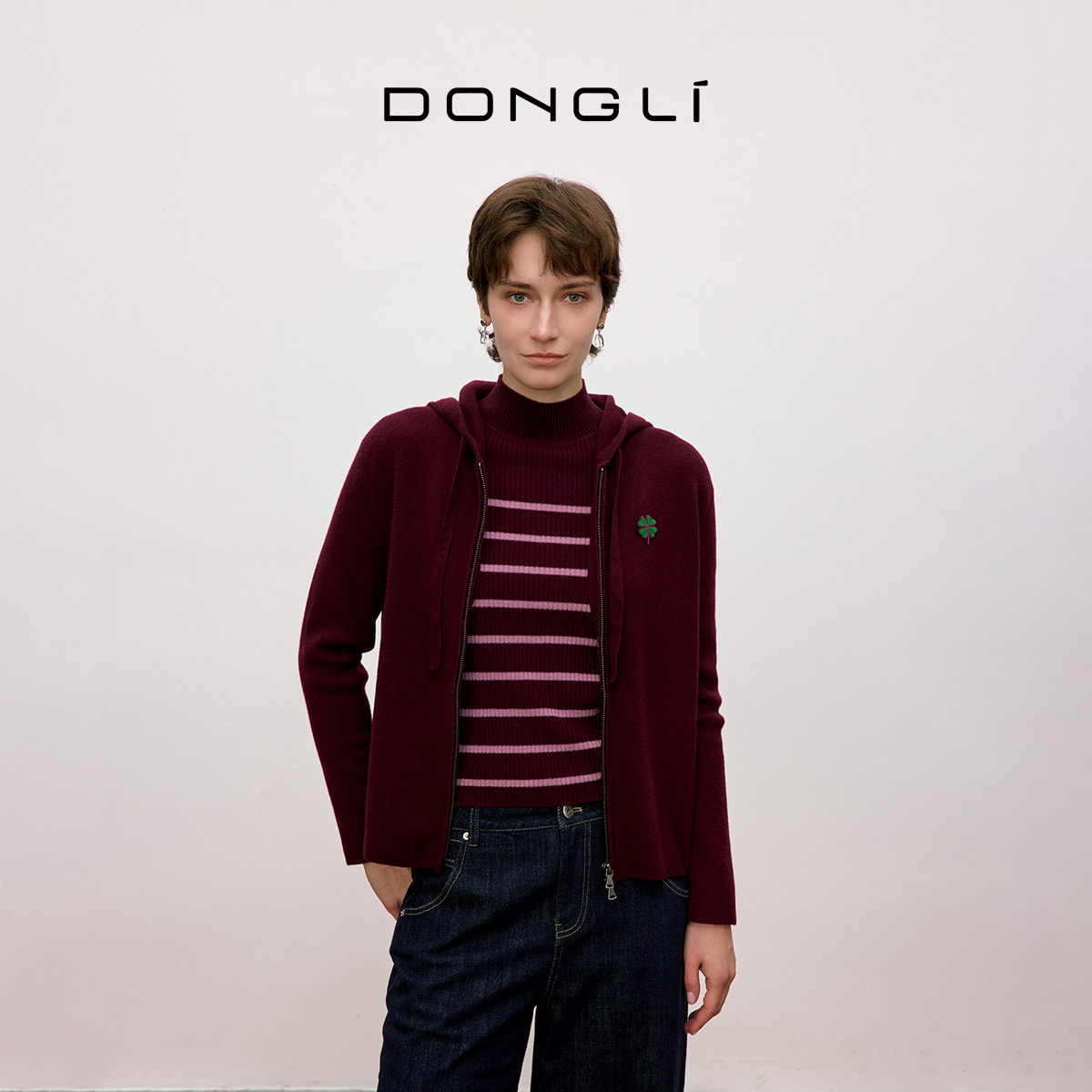 东黎山羊连帽拉链针织开衫