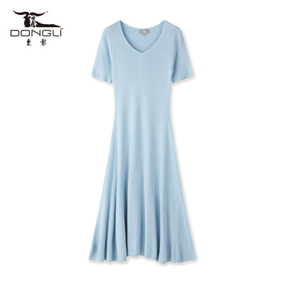 东黎A型丝绒V领短袖丝绒长裙