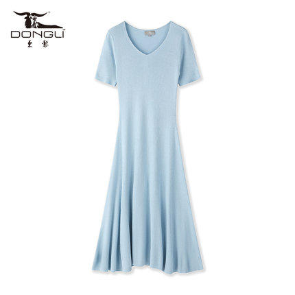 东黎 溯源款 丝绒款女士A字摆连衣裙V领短袖丝绒长裙收腰显瘦3133