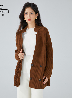 东黎小山羊绒 女士春秋季针织西服外套中长款慵懒风羊绒开衫 3420
