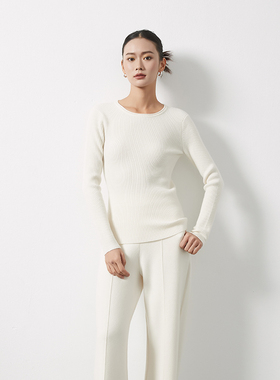 东黎溯源款 山羊绒女士圆领抽条针织套衫时尚露背打底羊绒衫3349