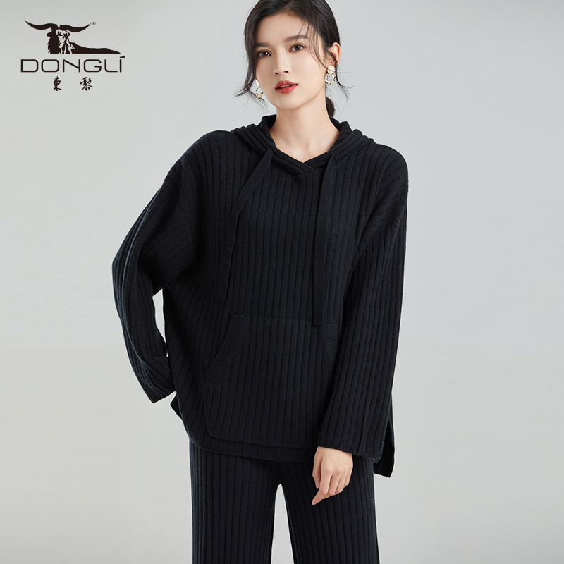 东黎小山羊绒长袖抽条帽衫