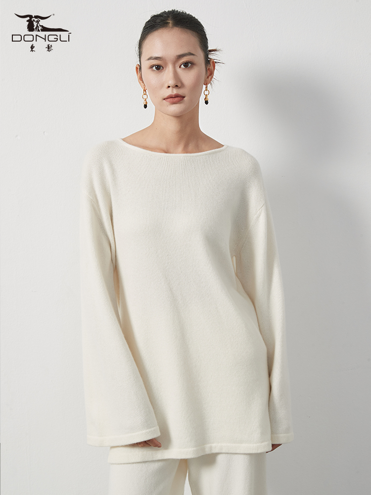 东黎长袖套头衫一字领优雅休闲