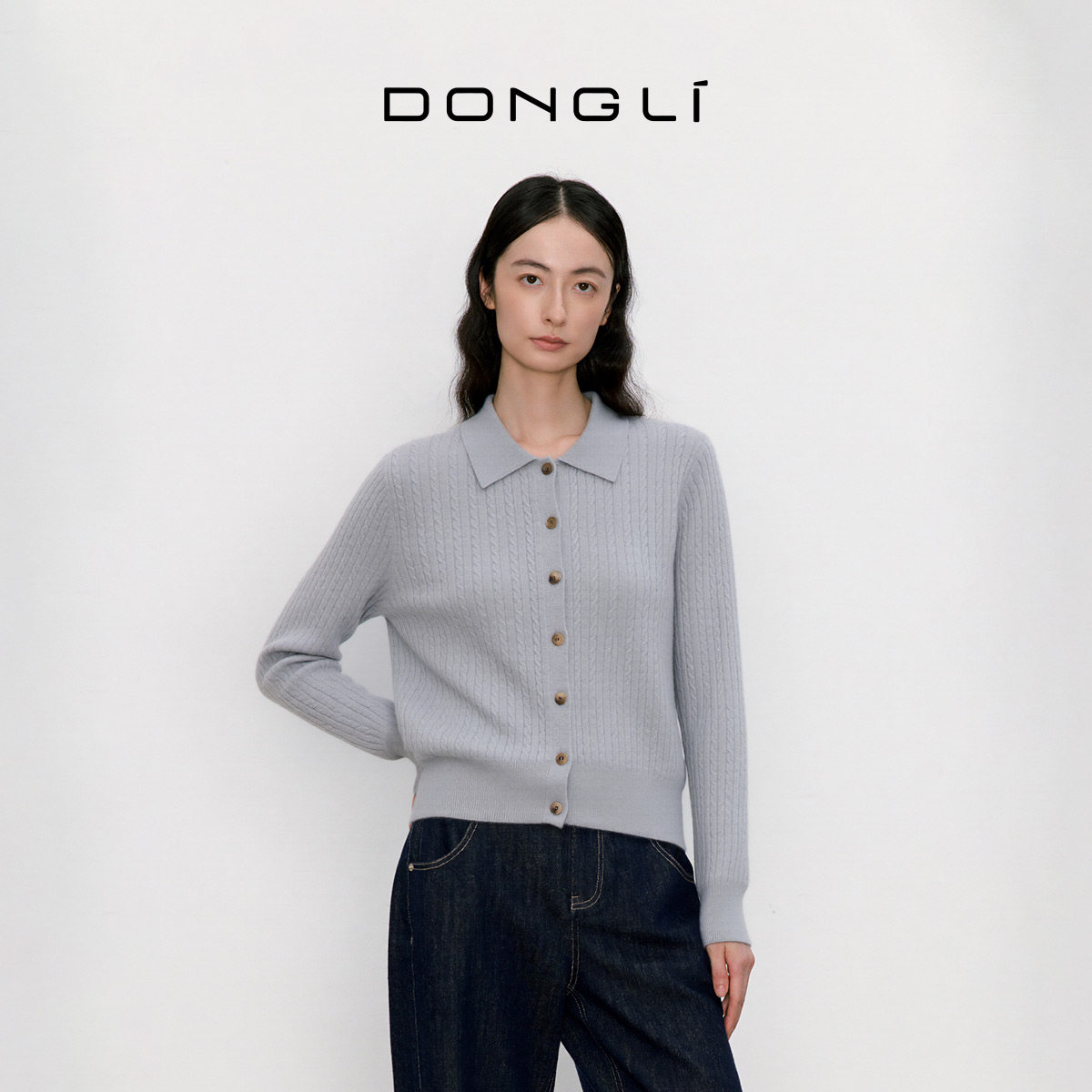 东黎小山羊绒 雅韵领裳 女士细绞花翻领长袖衬衫羊绒针织开衫5165