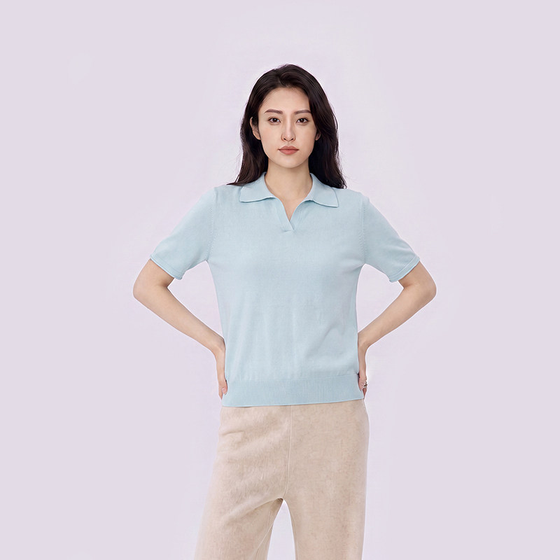 东黎海岛棉 女士春夏季轻薄透气针织衫百搭休闲POLO领半袖T 4563