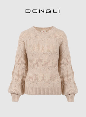 东黎山羊绒 女士秋冬季针织圆领重工绞花套头羊绒衫厚款毛衣21S44