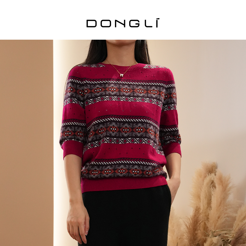 东黎山羊绒针织圆领短袖挑孔套衫