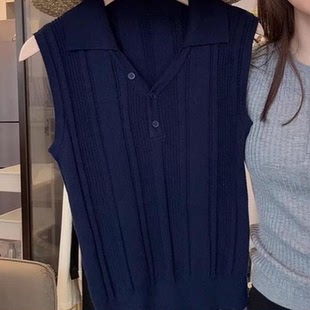 高级感别致绝美小上衣 藏蓝色Polo领无袖 坎肩针织衫 背心女夏季 新款