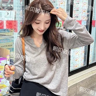薄款 女夏季 灰色POLO领长袖 针织衫 绝美上衣 新款 高级感防晒冰丝罩衫