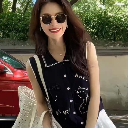 藏蓝色刺绣polo领冰丝无袖针织衫短款女夏季新款高级感绝美小上衣