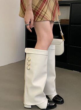 法式小香风圆头拼色骑士靴百搭粗跟高筒靴真皮不过膝长靴女裤管靴