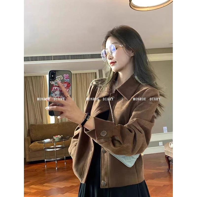 复古美拉德咖色麂皮绒外套女春季韩系宽松休闲短款小个子夹克上衣