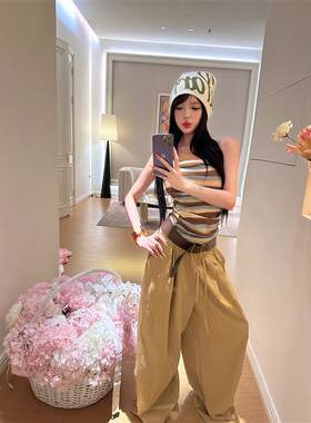 复古条纹抹胸套装女夏季辣妹褶皱抹胸休闲垂感阔腿裤两件套辣妹风