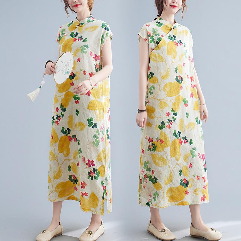 2024夏季新款复古斜襟盘扣立领旗袍裙女民族风短袖印花棉麻连衣裙