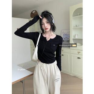 热女孩V领长袖右肩长袖t恤为妇女春秋季加码胖姐姐短苗条适合内层