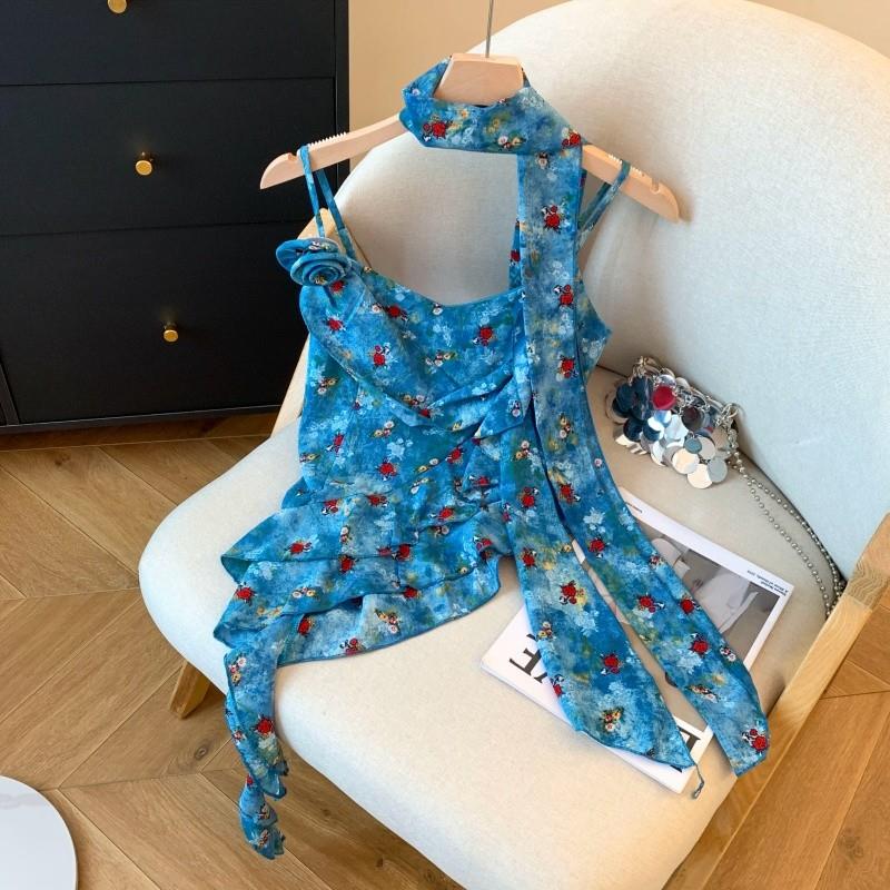 辣妹扎染碎花吊带背心女夏荷叶边飘带小衫辣妹挂脖上衣多巴胺穿搭