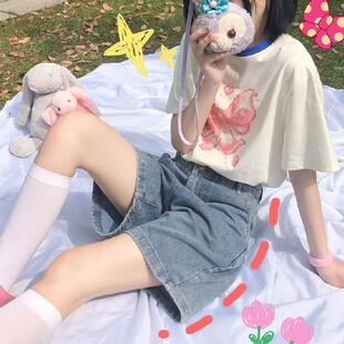 女学生宽松显瘦百搭直筒阔腿裤 秋季 胖妹妹mm五分牛仔短裤 大码 韩版