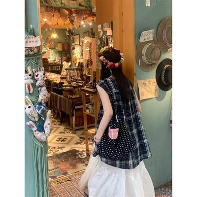 法式设计感格纹背心衬衫女夏季外穿宽松慵懒风无袖娃娃衫休闲上衣