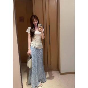 法式 甜美风套装 T恤女夏季 基础款 碎花鱼尾半身裙长裙两件套 V领短袖