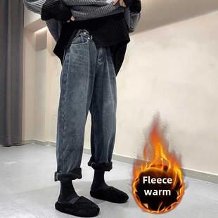 梨形身材羊毛衬里老爸牛仔裤秋冬女性加码胖姐姐宽松苗条看直后宫