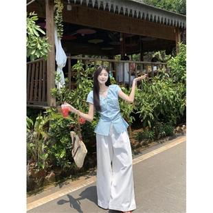高腰显瘦阔腿裤 kumikumi甜美风套装 女夏季 蓝色褶皱短袖 两件套 衬衫