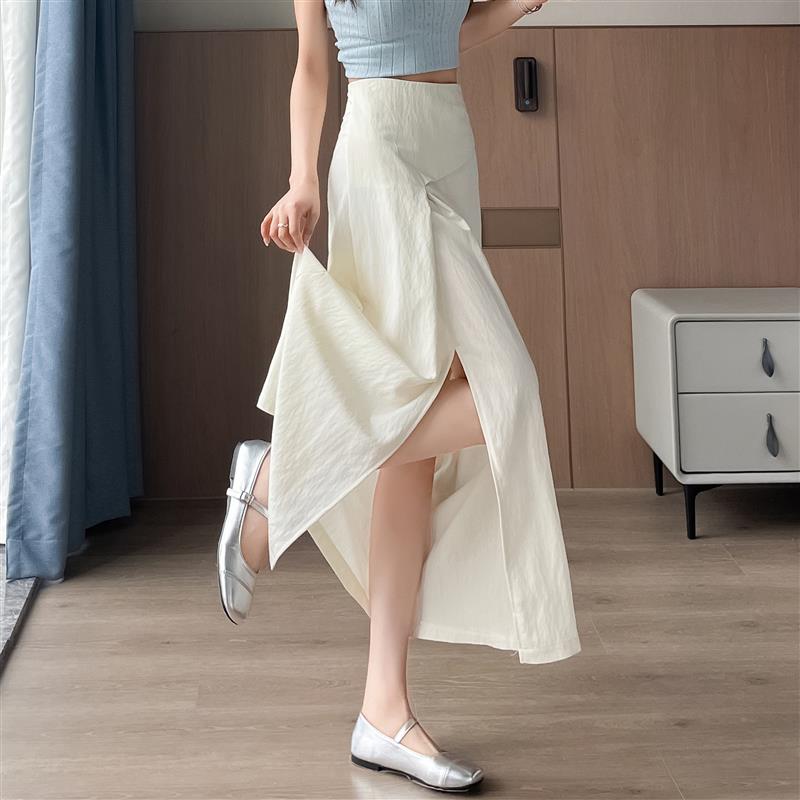 米白色天丝棉麻半身裙女夏季开叉不规则a字半裙高腰显瘦长款裙子