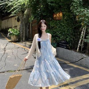 女立体花朵吊带连衣裙夏季 kumikumi温柔风套装 流苏防晒外套两件套