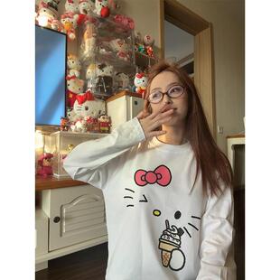 今年流行的打底衫女早秋减龄HelloKitty印花上衣宽松纯棉长袖t恤