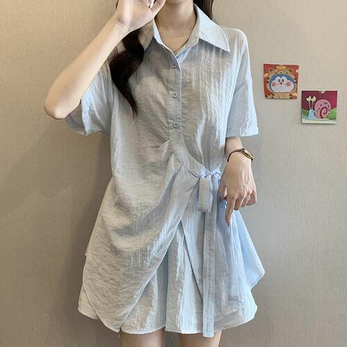 大码韩版休闲套装女夏季不规则上衣减龄胖MM遮肚显瘦短裤子两件套