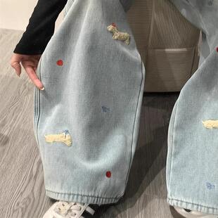 女秋冬高腰显瘦宽松bf慵懒风直筒阔腿裤 大码 加绒腊肠狗刺绣牛仔裤