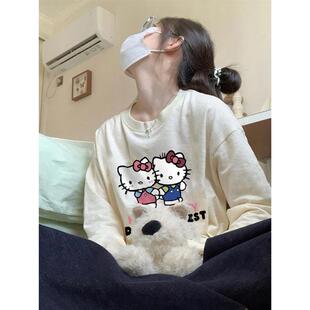 甜美HelloKitty猫印花长袖上衣女设计感宽松内搭t恤秋冬季打底衫