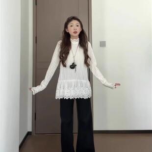 秋冬蕾丝花边下摆长袖上衣大码胖妹妹加绒加厚半高领内搭打底衫潮