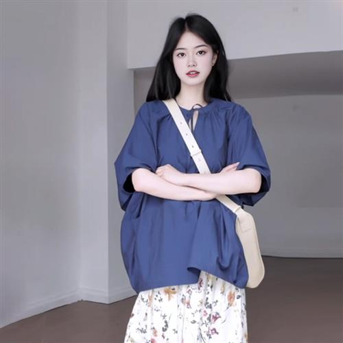大码胖mm系带V领蝙蝠袖短袖衬衫女夏季新款韩系宽松显瘦衬衣上衣