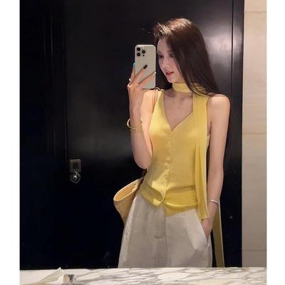 V领飘带挂脖针织小吊带背心女夏季修身独特别致绝美无袖上衣外穿