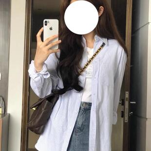 大码 女夏季 胖mm宽松薄款 开衫 上衣潮 法式 外套别致长袖 条纹防晒衬衫